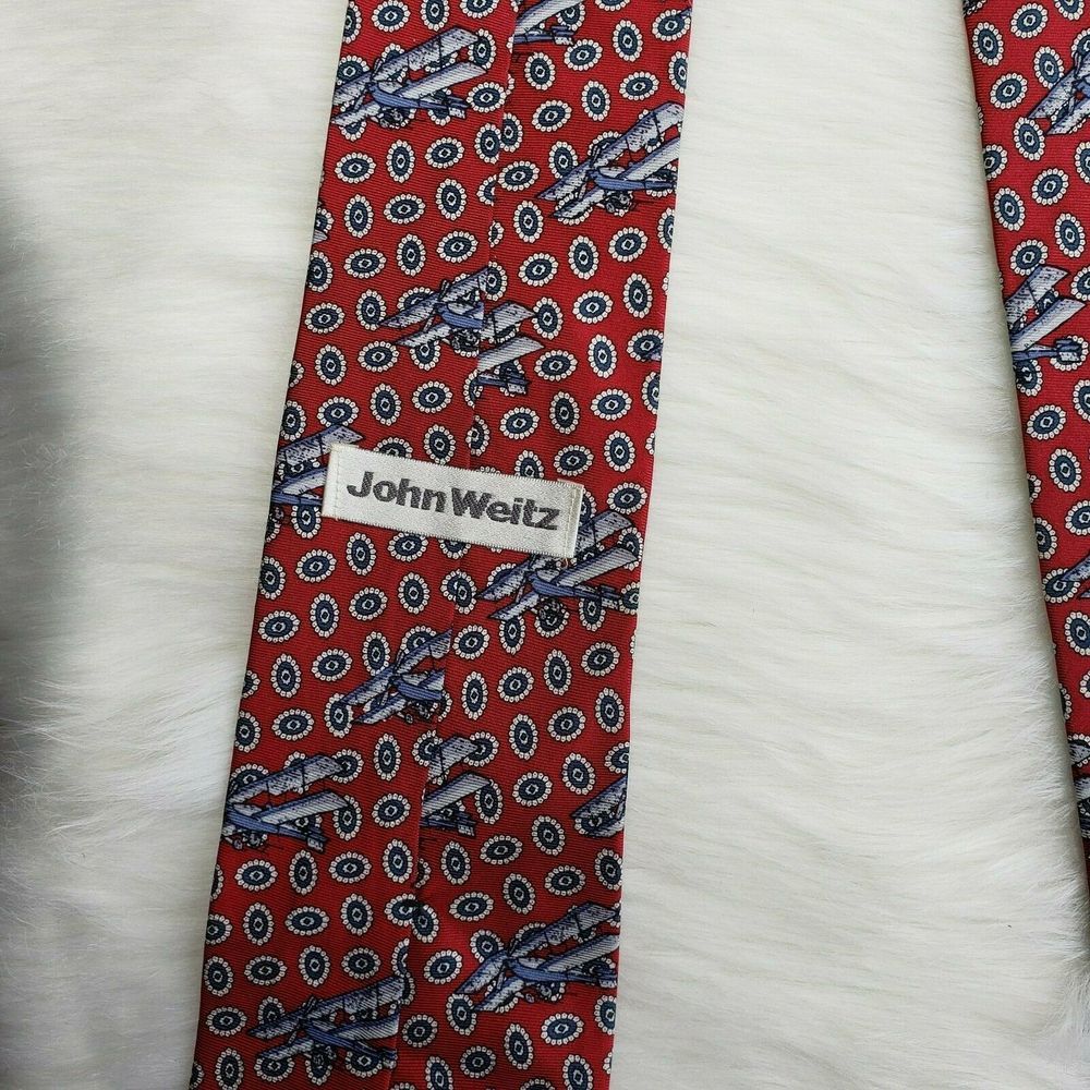 John Weitz Vintage BiPlane Airplane Silk Mens Tie - Picture 5 of 5
